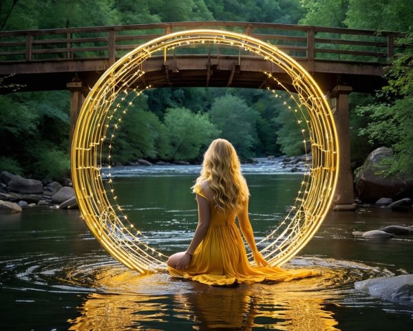 Woman in Yellow Dress by Tranquil River Scene