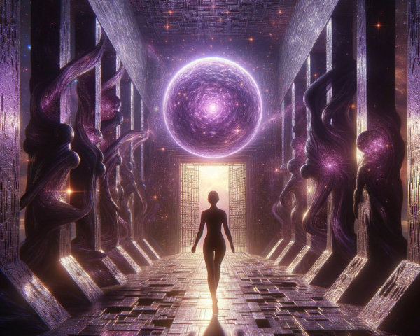 Mysterious corridor with carved statues and glowing portal
