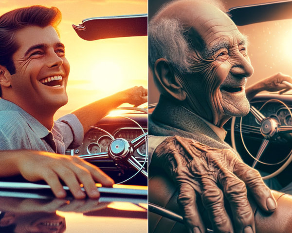 Split View of Two Men in a Vintage Car at Sunset