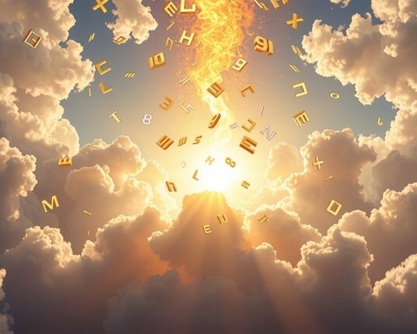 Celestial Scene with Clouds, Sun, and Golden Symbols