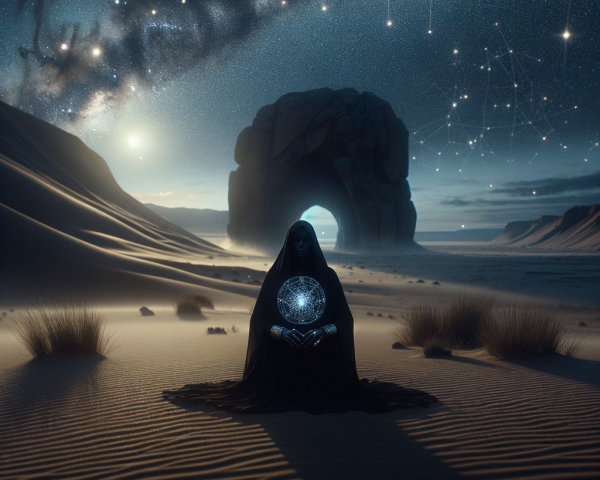 Cloaked Figure with Celestial Sphere in Desert Night