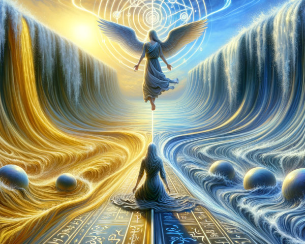 Serene cosmic scene with angel and symbolic sunrise