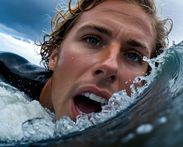 Close-up of Male Surfer with Water and Waves