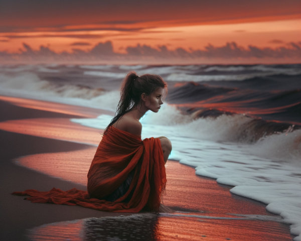 Solitary figure on a beach at sunset with ocean waves