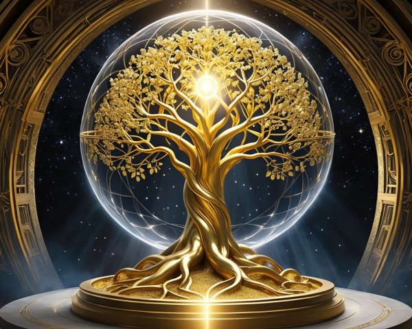 Golden Tree in Cosmic Scene with Luminous Orb