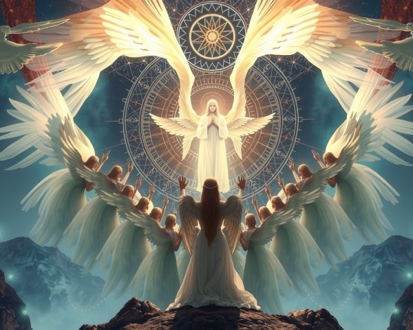 Celestial Scene with Radiant Angel and Ethereal Figures