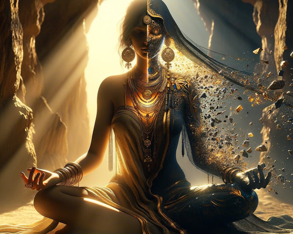 Serene Figure in Mystical Cave with Ethereal Transformation