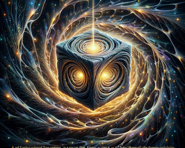 Cosmic Scene with Glowing Cube and Colorful Patterns