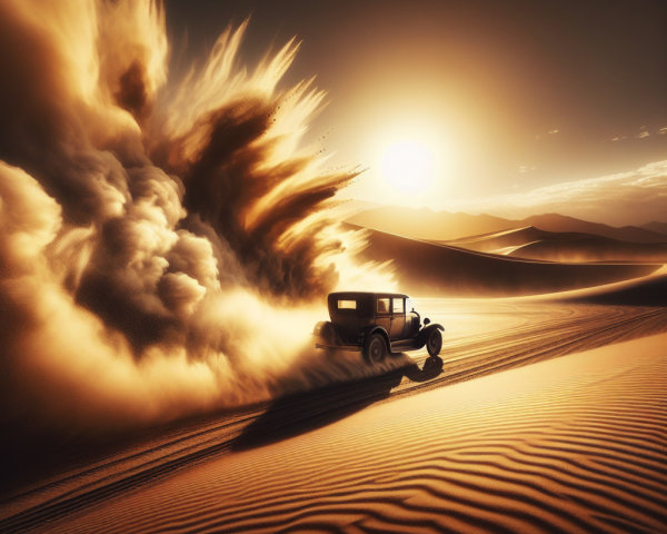 Vintage Car in Desert at Sunset with Sand Clouds
