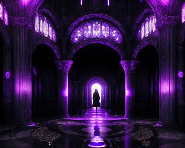 Mysterious Figure in Ornate Dimly Lit Hall
