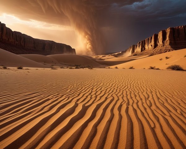 Desert Landscape with Golden Sunlight and Dust Storm