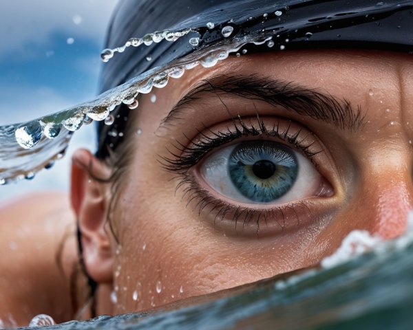 Close-Up of Swimmer's Face in Water with Focused Eyes