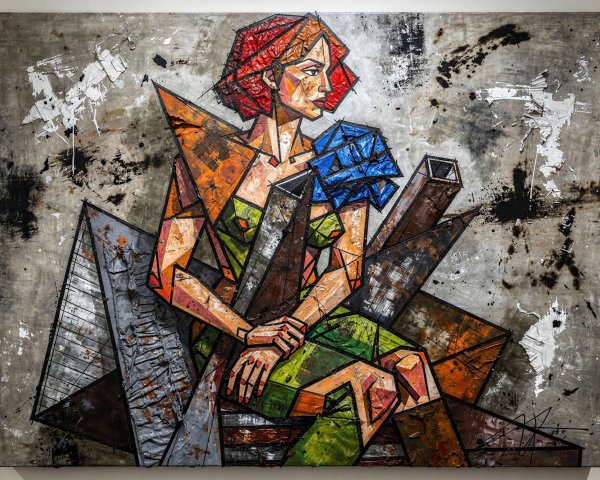 Cubist Mixed Media Painting of Woman with Red Hair