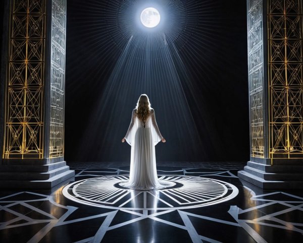 Figure in White Gown in Dimly Lit Ethereal Space