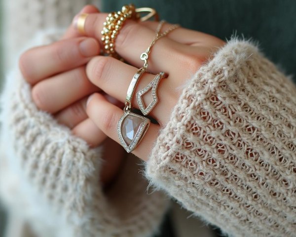Close-Up of Hand with Rings and Geometric Pendant
