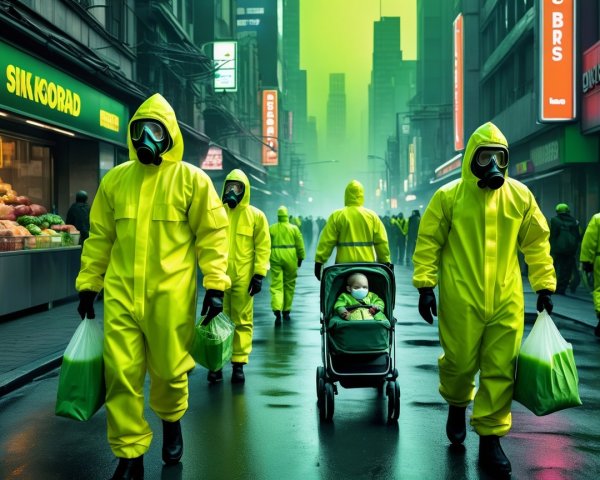 Dystopian City with Figures in Yellow Hazard Suits