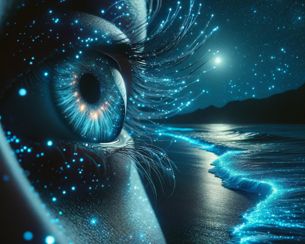 Close-up of a galaxy-like blue iris and beach scene
