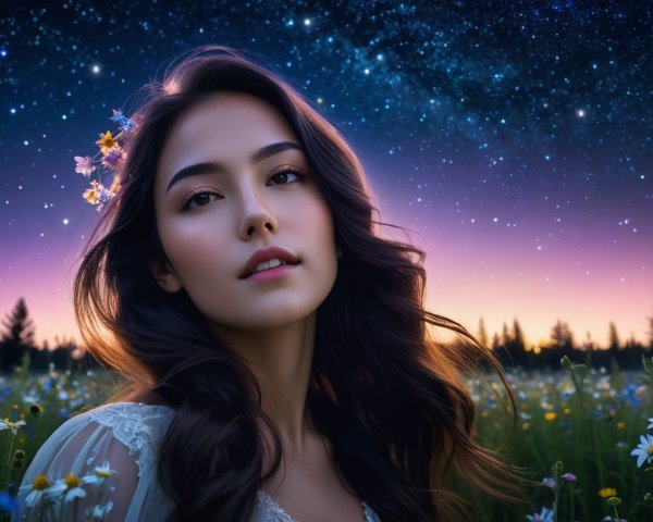 Young woman in flower-adorned hair in a daisy field