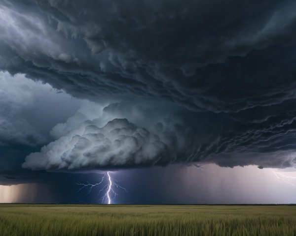 Dramatic Sky with Dark Clouds and Lightning Over Field