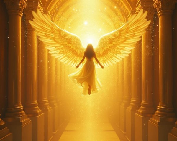 Radiant Figure with Golden Wings in Ethereal Space