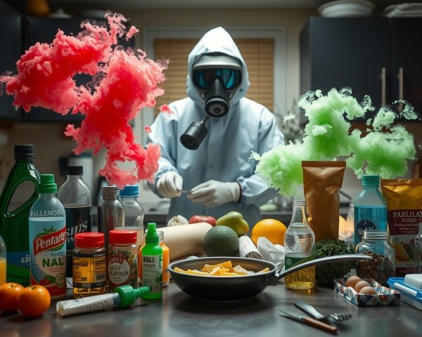 Hazmat Suit Amidst Colorful Ingredients in Kitchen