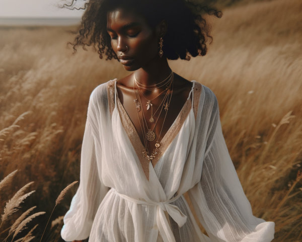 Woman in White Robe in Sunlit Field with Jewelry