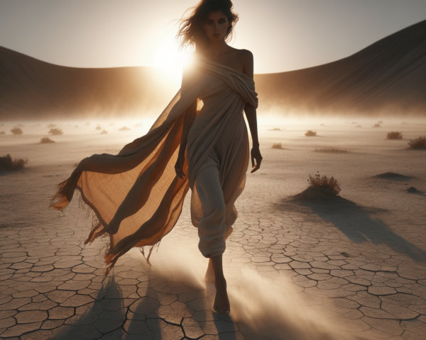 Desert Sunset with Figure in Flowing Fabric