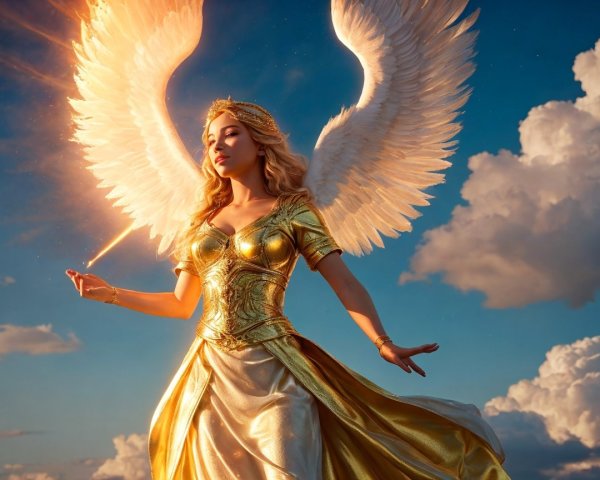 Majestic angelic figure in golden gown against sky