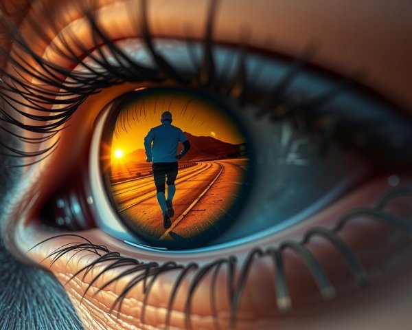 Close-Up of Human Eye Reflecting Runner at Sunset
