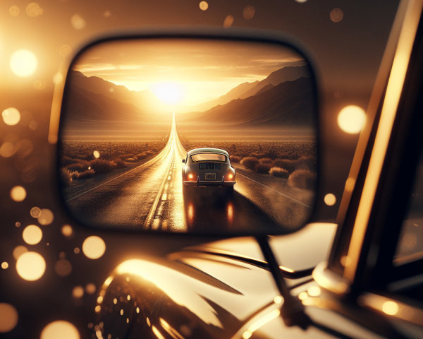 Classic car reflection with sunset and distant road