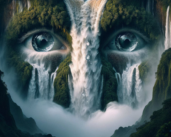 Surreal Landscape with Waterfall and Foliage Face