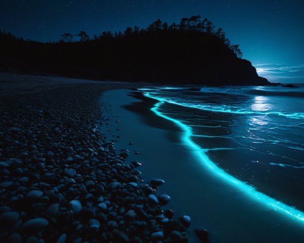 Serene Night Beach with Bioluminescent Waves