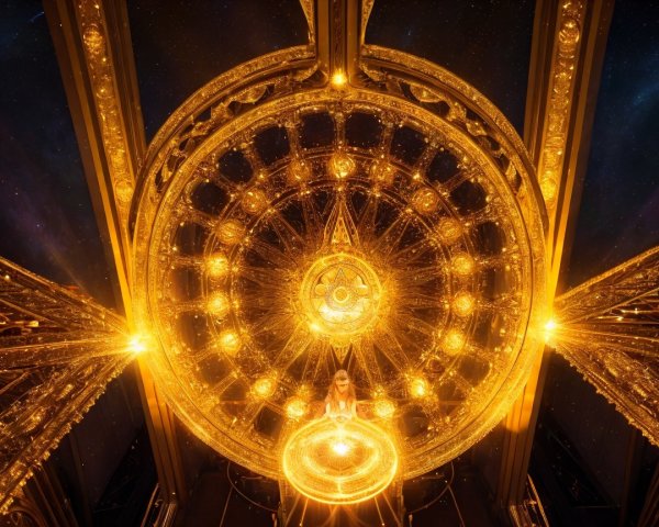 Grand chandelier with golden light and ornate design