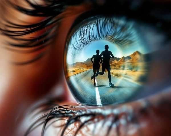 Close-Up of an Eye Reflecting Runners on a Road