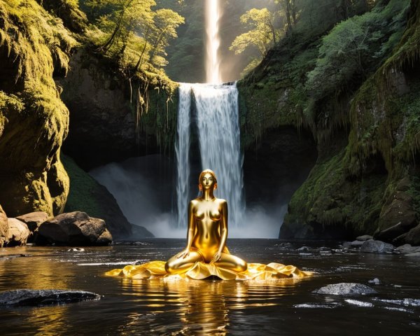 Golden Statue on Lotus Flower Amidst Waterfall and Greenery