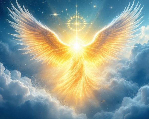 Ethereal Angelic Figure in Golden Light and Clouds