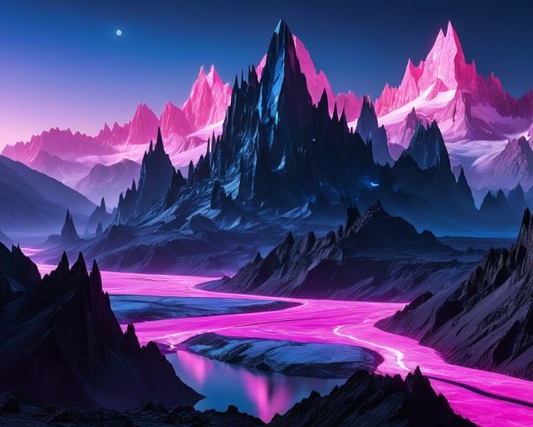 Surreal Landscape with Purple Mountains and Neon River