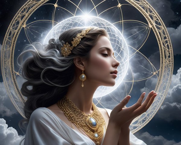 Serene Woman in Cosmic Setting with Elegant Jewelry