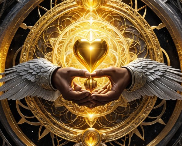 Feathered Wings and Golden Heart in Starry Background