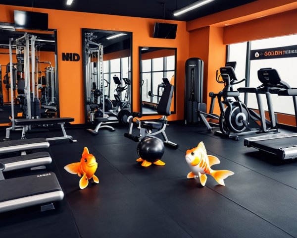 Bright Gym with Exercise Equipment and Goldfish Decor