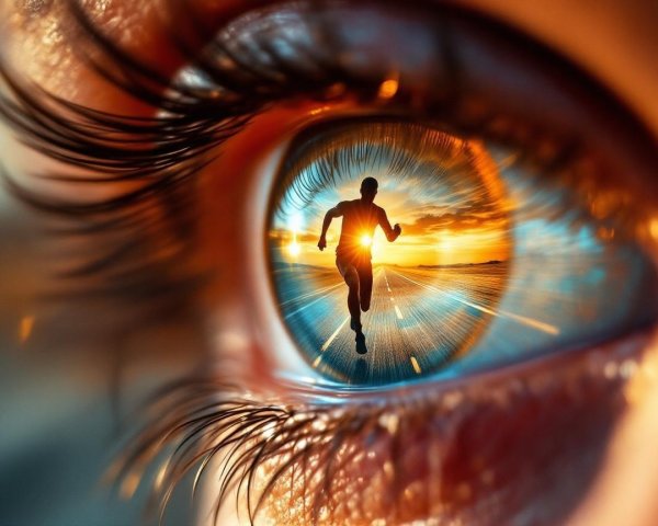 Close-up of an eye with a runner and sunset reflection