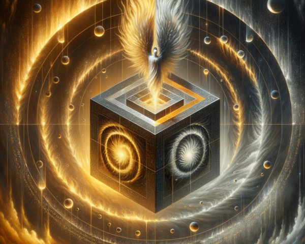 Surreal Cosmic Scene with Cube and Ethereal Figure