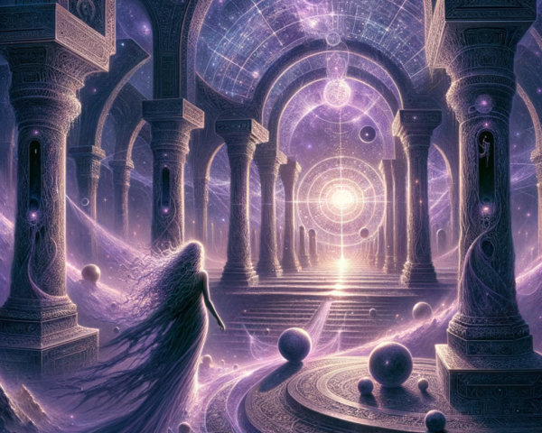 Celestial Hall with Luminous Portal and Ethereal Light