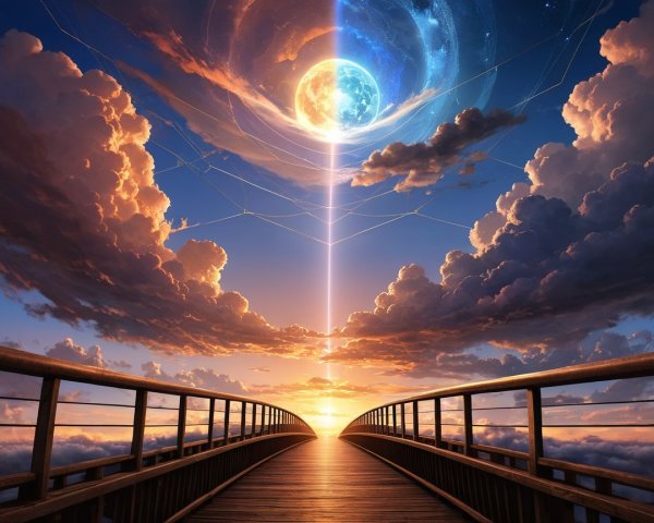 Wooden Bridge at Sunset with Colorful Sky and Clouds
