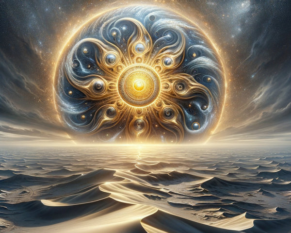 Golden Celestial Orb in Surreal Desert Landscape
