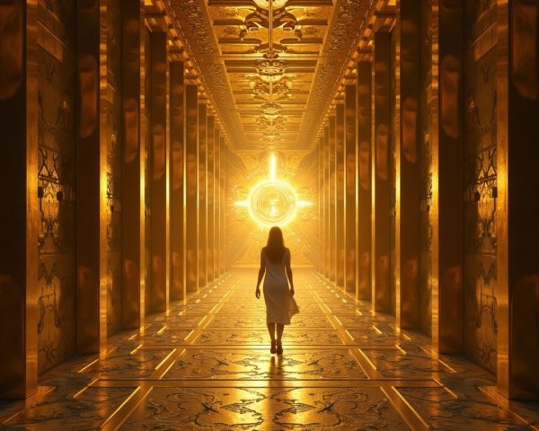 Lone Figure in Golden Corridor with Radiant Light
