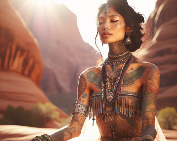 Serene Woman Meditating in Sunlit Canyon Setting