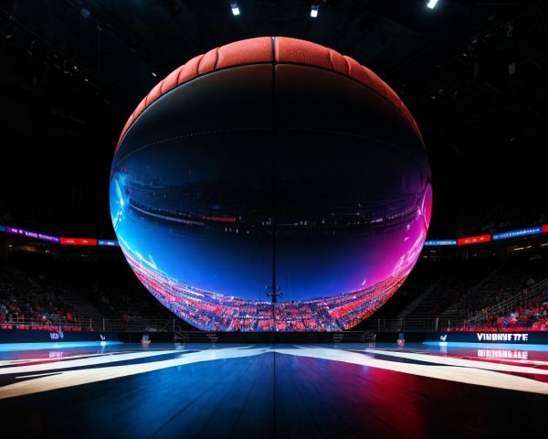 Giant Reflective Basketball in Vibrant Arena Setting