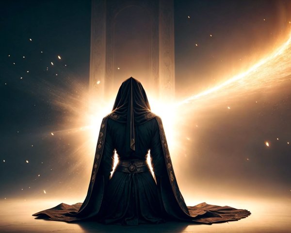 Cloaked Figure in Meditation Against Radiant Light