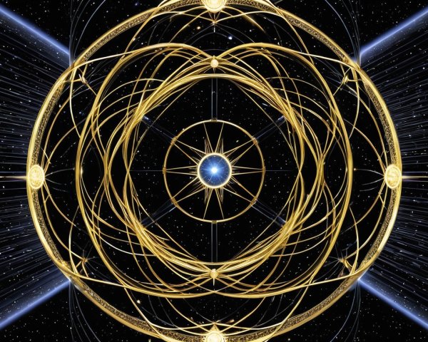 Intricate Cosmic Design with Blue Sphere and Golden Orbs